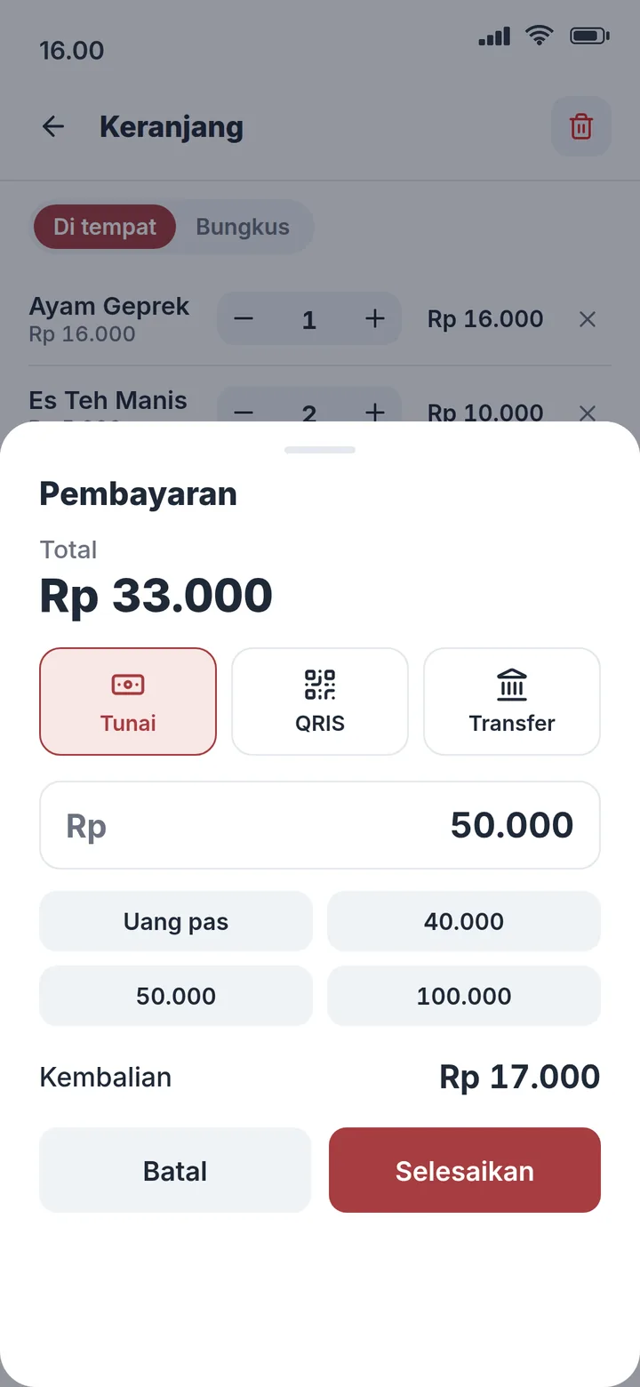 Layar Bayar tunai dengan kembalian