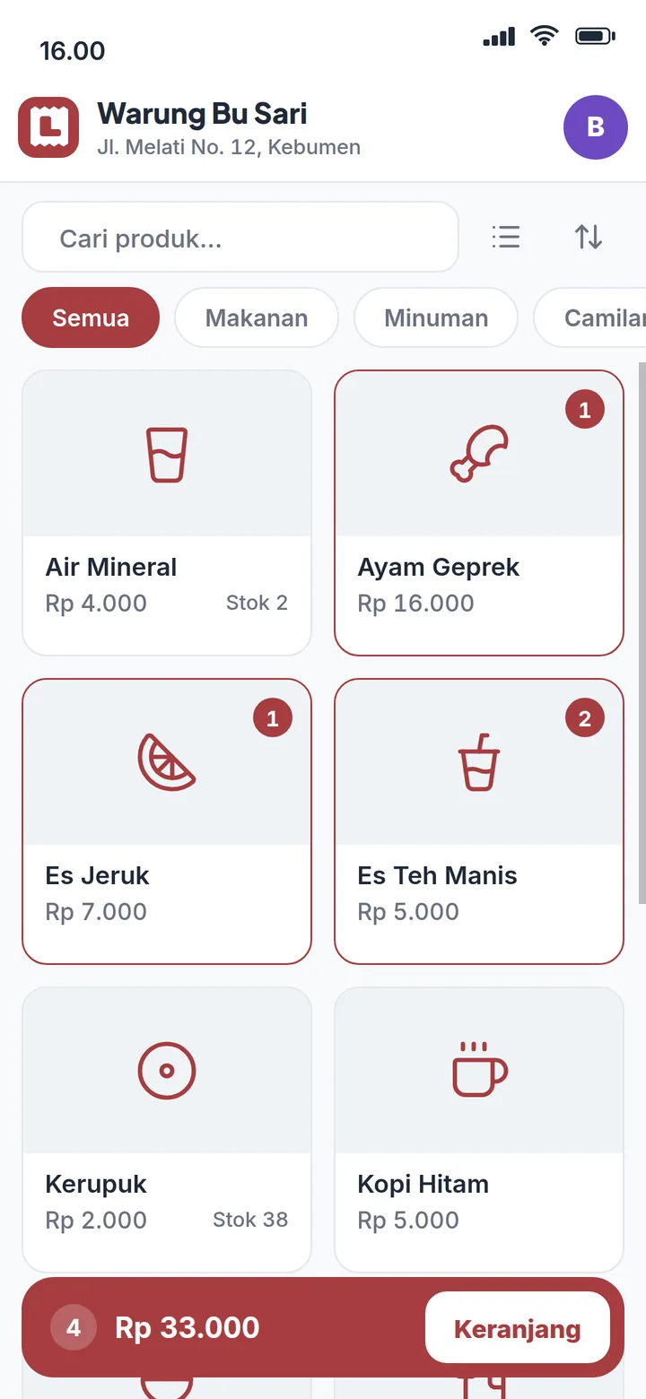Layar Kasir: grid produk dan bar keranjang
