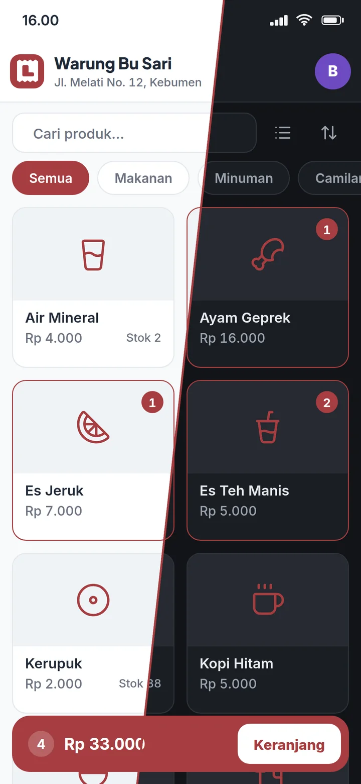 Layar Kasir yang sama dalam mode terang (kiri) dan mode gelap (kanan)