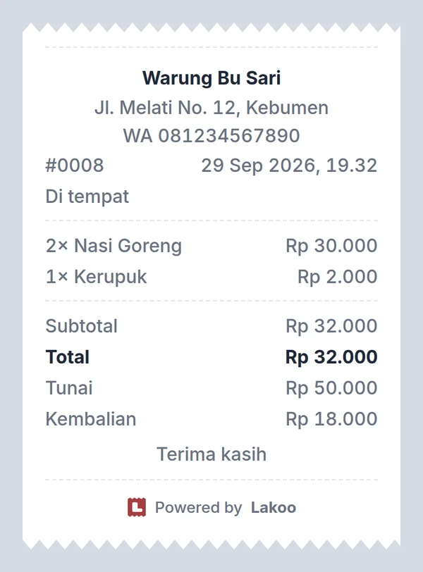 Contoh gambar struk yang diterima pembeli di WhatsApp: Warung Bu Sari, 2× Nasi Goreng, 1× Kerupuk, total Rp 32.000
