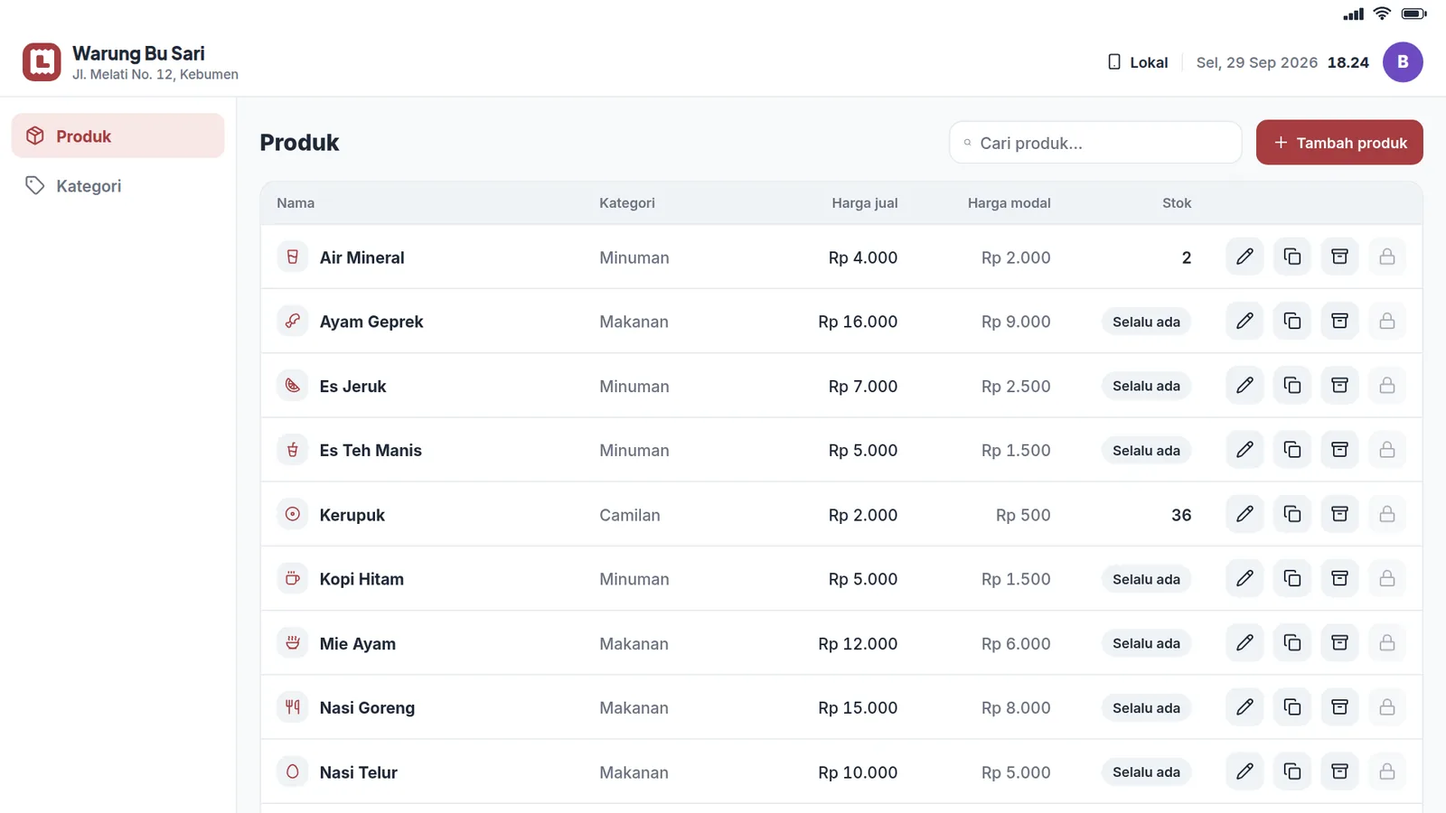 Tabel produk di tablet dengan harga jual, modal, dan stok