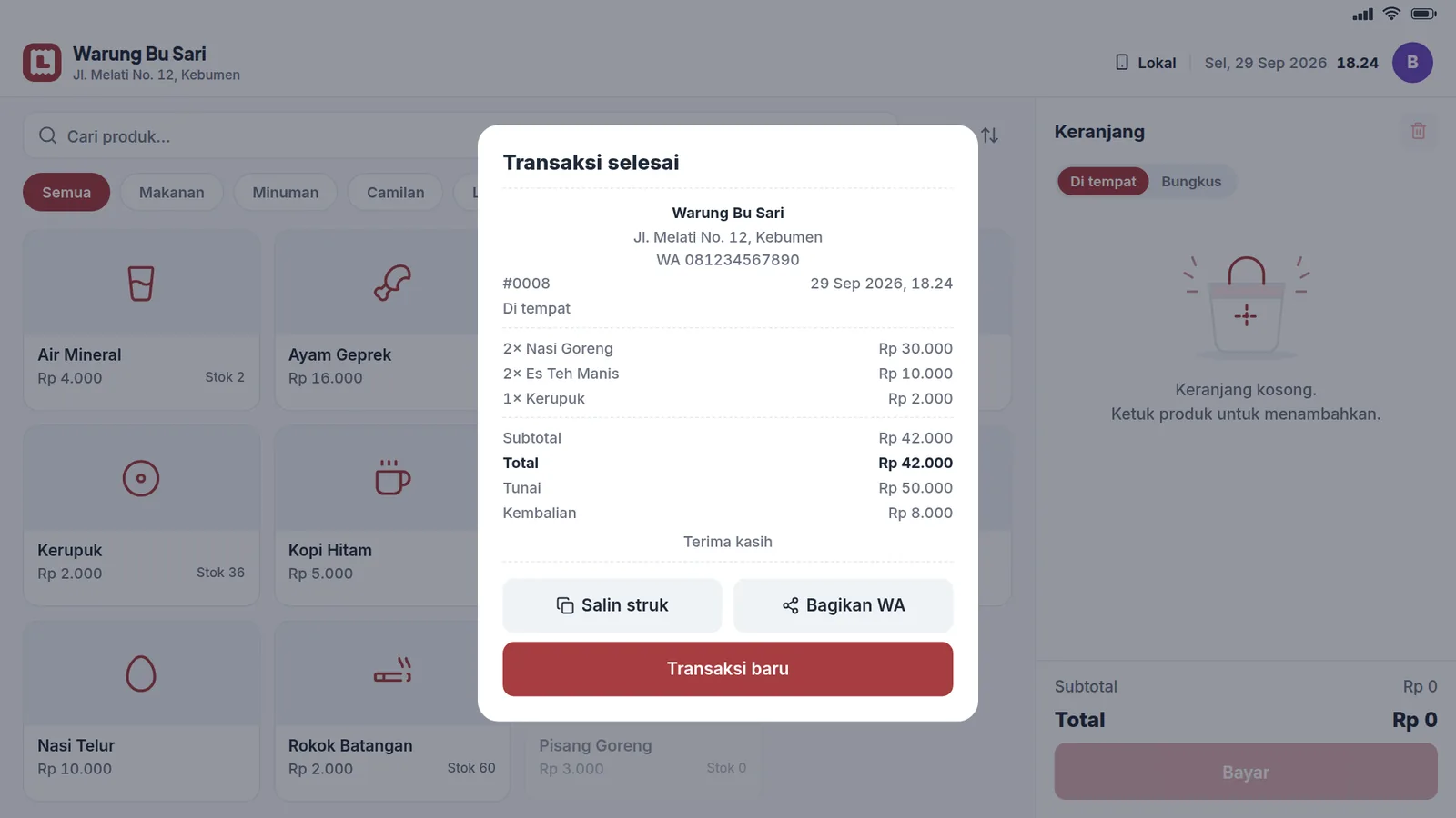 Struk transaksi selesai di tablet